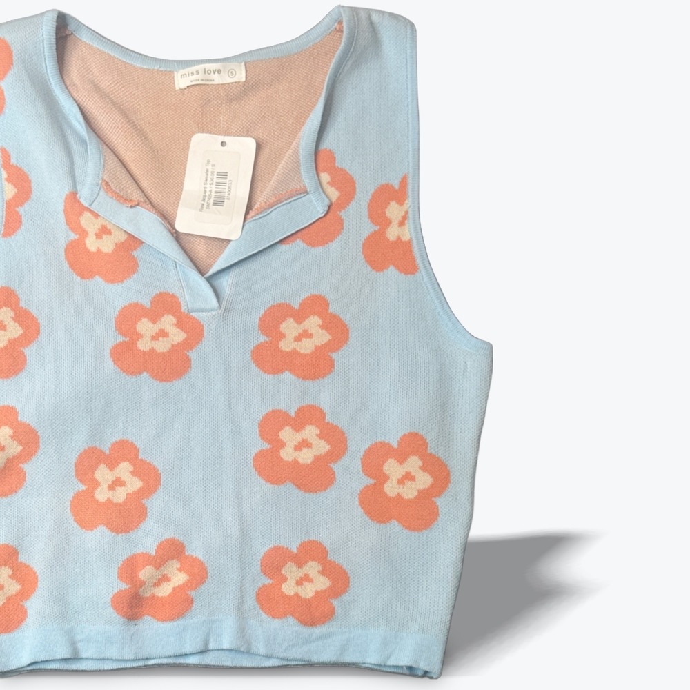 MISS LOVE‎ Cropped Sweater Floral Jacquard Knit Crop Top Small